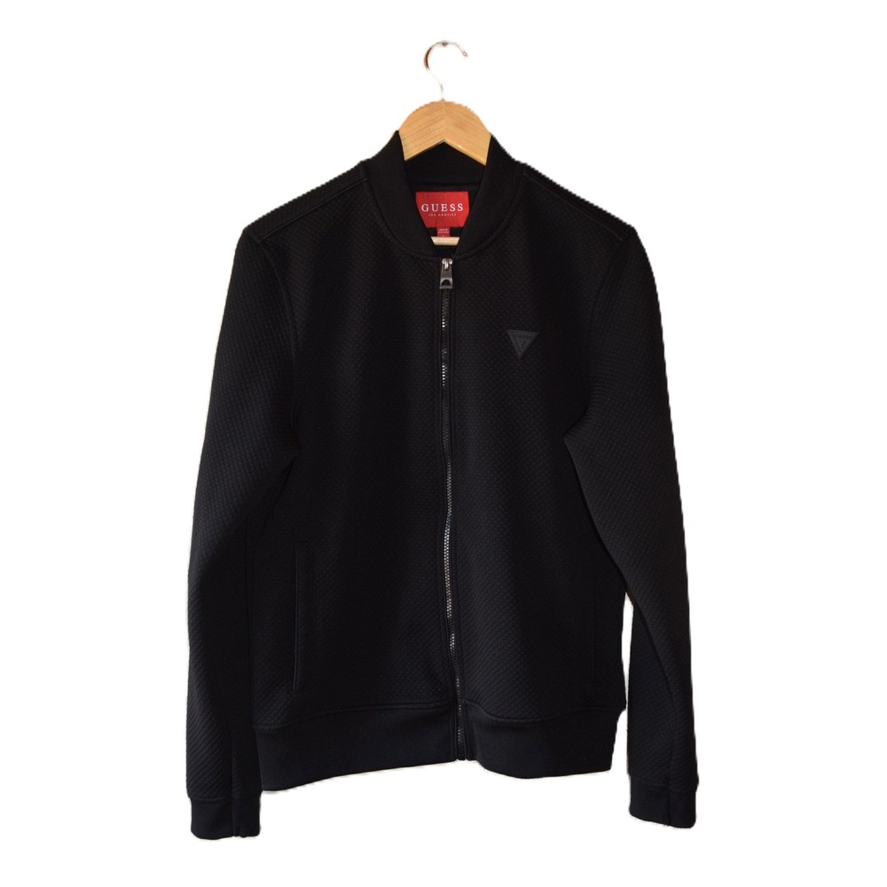 Guess Quilted Bomber Jacket Mens Small Black Excellent Diamond Textured Zip Up